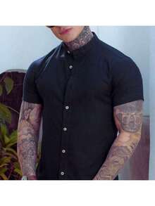 K027 Men's Linen Dress Shirt With Mandarin Collar - màu đen - Xem 3