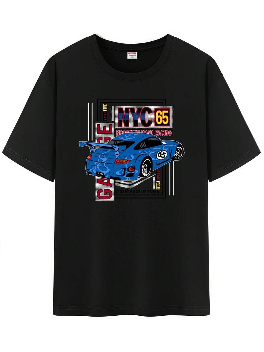 2589 Camiseta Unisex Casual Vintage de Moda de Vehículos, Camiseta de Manga Corta con Cuello Redondo y Gráfico de Coche Retro - Negro - Ver 1
