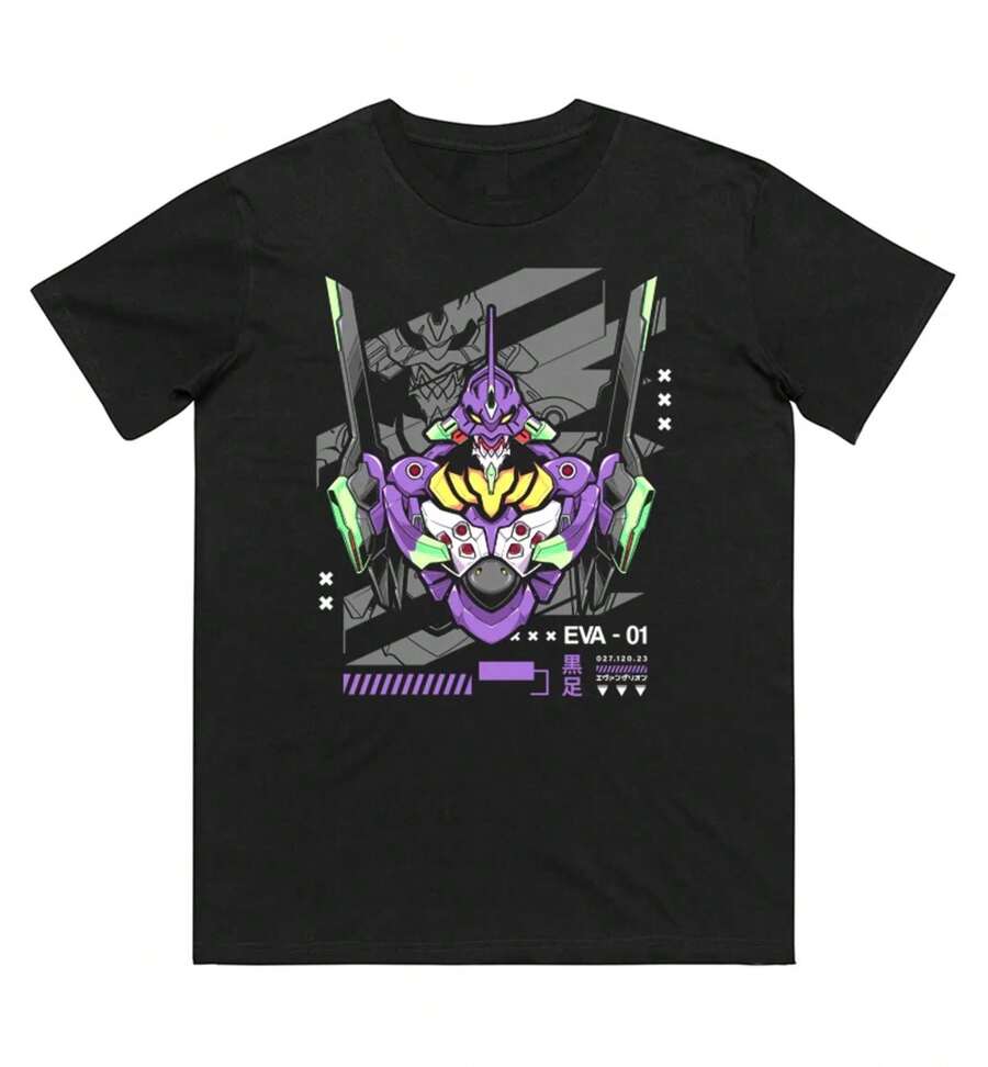 Camiseta de algodón puro impresa Anime EVA 01 para hombres y mujeres, nueva colección de primavera/verano, moda y camiseta casual de manga corta - Negro - Ver 1