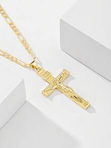 1pc Classic European Style Copper Jesus Cross Pendant Necklace, Limited Edition "Light Of Protection", Suitable As Gift For Christmas, Thanksgiving, Halloween, Mother's Day, Valentine's Day, Friends, Believers, First Holy Communion, Daily Wear And Prayer