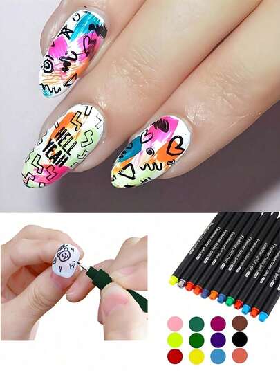 12 st/set matt nagellacksöverlack, 12 färger nagelkonstpennor, 0,4 mm spets, för matta nagelklotter, svart konturpenna, 3D abstrakta linjer, fina detaljer, blomstermålning, nagelkonstpennaverktyg