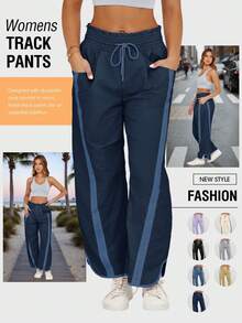 Women's Camping Wide Leg Sweatpants Baggy Fit Drawstring Elastic Waist Quick-Dry Fabric For Outdoor Hiking Y2K Athletic Pants - 藏蓝色 - 查看 3