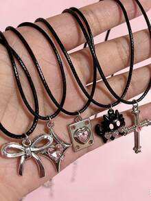 5pcs Pink Necklace Set, Bohemian Necklaces With Cross, Star, Heart Pendant, Leather Cord Necklaces, Women Jewelry, Valentine's Day Gift - 5 Pink Necklace Set - View 3