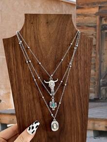 3 件西部牛仔风格绿松石项链套装，带有复古牛头、马蹄铁、仙人掌和链条图案（长度根据需要修剪，而不是通过珠子修剪）