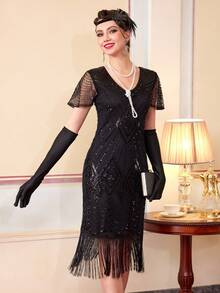 1920s Flapper Dress, Vintage Fringe Sequin Cocktail Dress With Accessories Set - Black - View 4