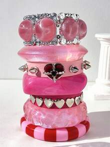 1pc Pink Transparent Asymmetrical Resin Bracelet, Heart Spike Rivet Leather Strap Wristband, Layered Charm Jewelry For Women - Multicolor - View 1