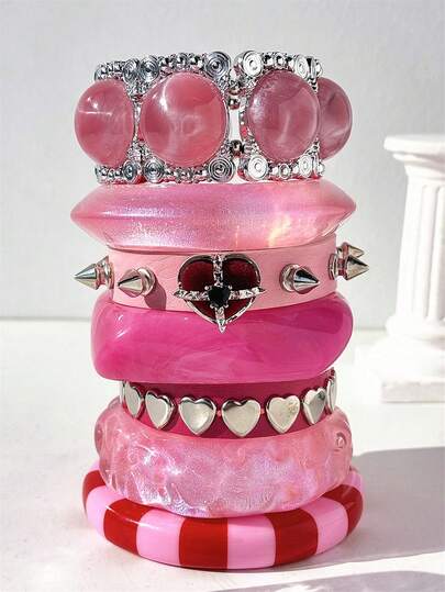 1pc Pink Transparent Asymmetrical Resin Bracelet, Heart Spike Rivet Leather Strap Wristband, Layered Charm Jewelry For Women