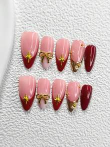 10pcs French Manicure Nail Stickers, Chic Style With Gold & Deep Red French Tips, Pearlescent Star Design, 3 Styles Available: Almond, Square, Stiletto Shapes, Includes Tool Kit (1 Jelly Sticker + 1 Nail File), Suitable For Women & Girls, Daily, Photography, Party, Wedding Nails Nail Supplies - 彩色 - 查看 12