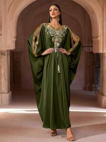 Luxury Pink Embellished Long Sleeve Kaftan Robe, Elegant Middle Eastern Style, Arabic Women Long Robe, Abaya, Modest And Graceful - Army Green - View 6