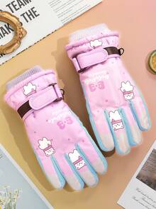 1 双儿童冬季运动滑雪手套，保暖内衬加厚保暖手套，适合户外活动、玩雪、骑自行车、徒步旅行、卡通图案，8-13 岁男孩和女孩全指手套