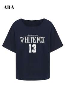 ARA CHIC 女士藏蓝色不对称落肩字母印花短袖T恤，撞色数字图案休闲圆领上衣，春夏度假学院风 - 藏蓝色 - 查看 5