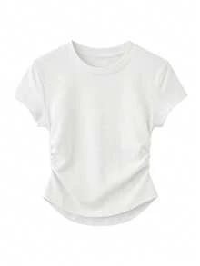 女士常规肩部T恤，腰部褶皱设计，短袖不对称下摆休闲衬衫 - 白色 - 查看 3