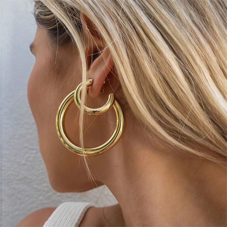 3 pares de juego de aretes de mujer chapados en oro de 14K (15mm/18mm/20mm), aretes de aro en forma de C delicados/juego de aretes minimalistas de moda para mujer, regalo del Día de San Valentín para ella, joyería hipoalergénica, elegante y grácil - Multicolor - Ver 1
