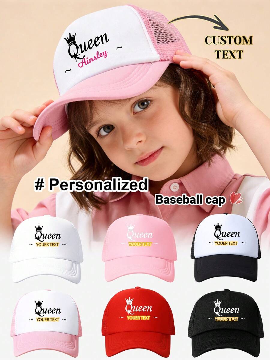 1pc Customized "Queen" Text Children's Truck Mesh Cap, Fashionable Versatile Baseball Hat, Suitable As A Gift, Suitable For Girls' Daily Use - Multicolor - View 1