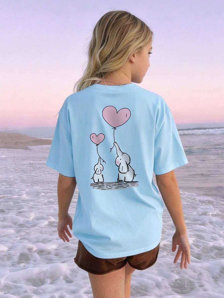 1pc Girls Casual Heart, Balloon, Elephant Graphic Print Crew Neck Short Sleeve T-Shirt, Summer Student Young Apparel - Inspiring Imagination And Self-Expression, Happy Valentine's Day! - Baby Blue - View 1
