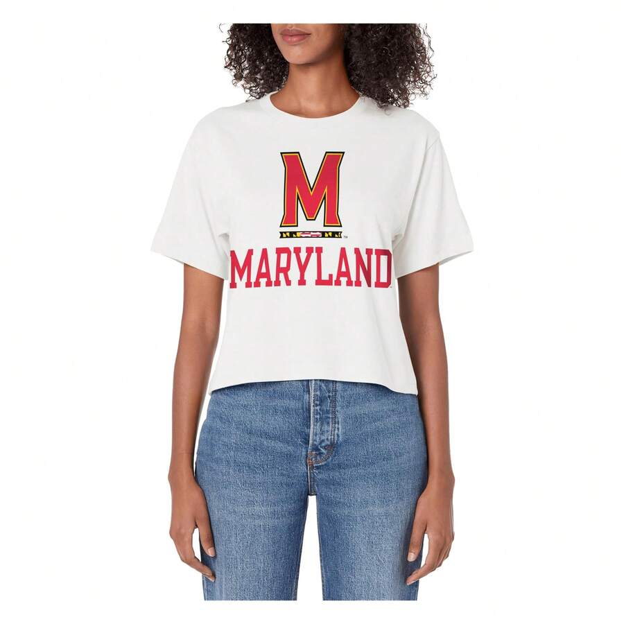 Maryland Terrapins Sportsmanship White Officially Licensed Women's Crop Top Short Sleeve, Round Neck, Casual & Comfortable Fit, Machine Washable, Perfect For Spring/Summer Outfits, Festive Clothing | Round Neckline | Machine Washable Fabric Skin-Friendly, Silky Smooth, And Fashionable. - trắng - Xem 1