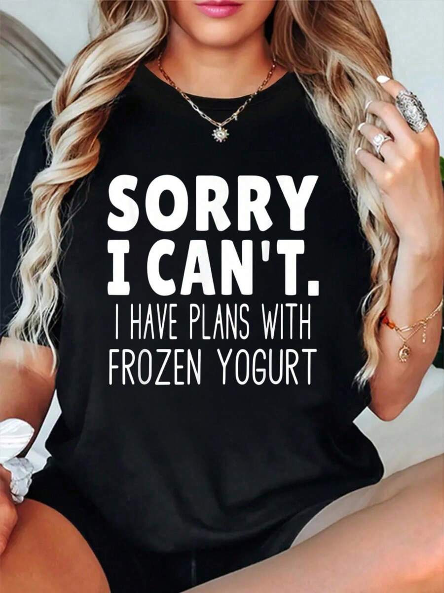 100% Cotton Funny Frozen Yogurt Lover Quote - Plans With Frozen Yogurt T-Shirt Short Sleeve Round Neck Casual Top For Summer & Spring, Women's Men's Graphic Tee - Black - View 1