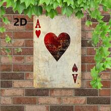 2D Flat: This Is A Vintage Metal Sign With 2D Flat Design, Measuring 8.0X 12.0inch Inches. It Showcases A Rustic Aesthetic With A Distressed Yellow Background And Red And White Playing Card Patterns, Room Decorations - Multiple - View 3