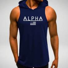 Alpha Men's Tank Top With Hood For Gym, Workout, Weightlifting - Navy Blue - View 1