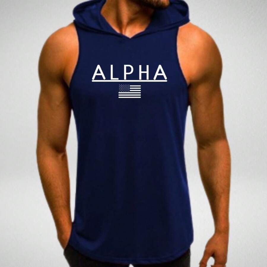 Alpha Men's Tank Top With Hood For Gym, Workout, Weightlifting - Navy Blue - View 1