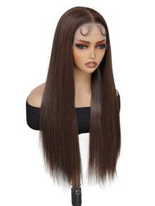 优雅直发蕾丝前假发，13x6英寸瑞士蕾丝，高温丝隐形蕾丝，适合节日、派对、婚礼、假日、角色扮演等多种场合——自然逼真，佩戴舒适 - 巧克力棕 - 查看 3