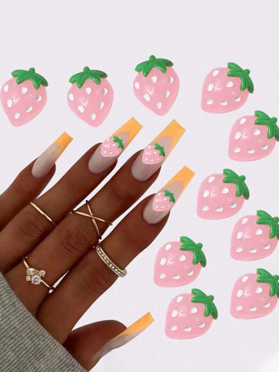 10个3D粉色树脂草莓美甲饰品，适用于DIY手工和美甲艺术，美甲配件，美甲宝石，美甲用品 - 粉色 - 查看 1