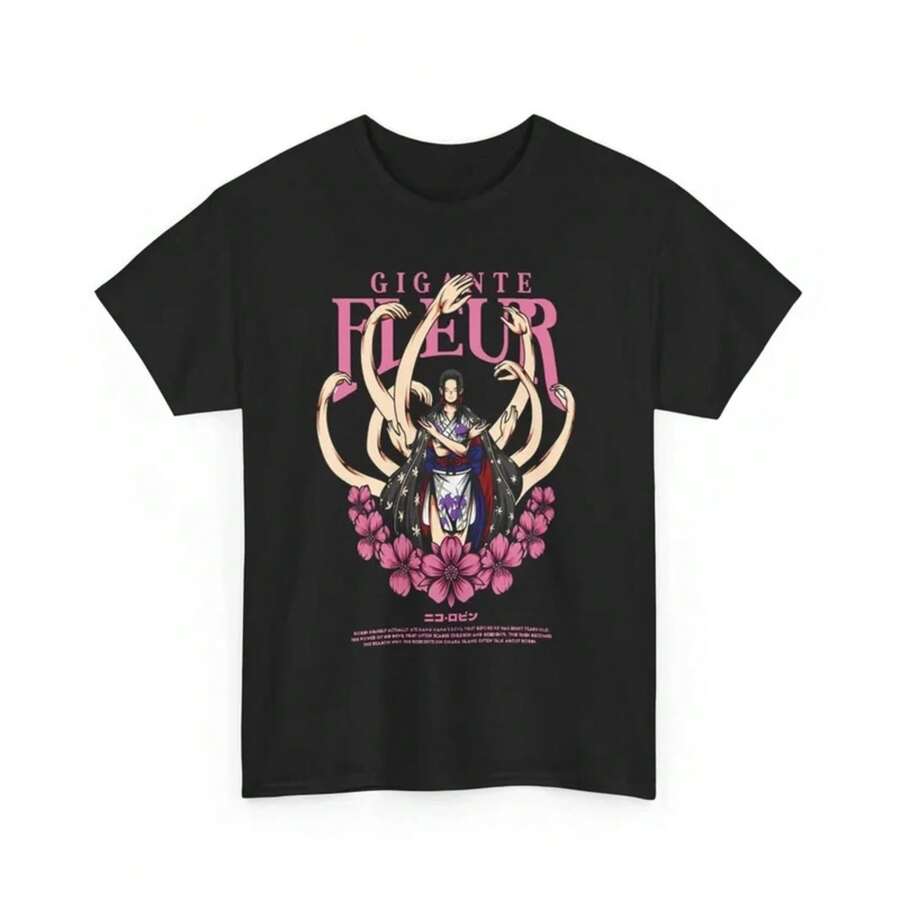 Camiseta de algodón puro de One Piece con mangas de flores Nico Robin para hombres y mujeres, estilo anime, moda cómoda y casual de manga corta - Negro - Ver 1