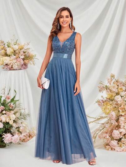 春夏V领无袖刺绣网纱A字型正式伴娘礼服、优雅派对礼服、正式婚礼宾客礼服、毕业典礼礼服、晚礼服