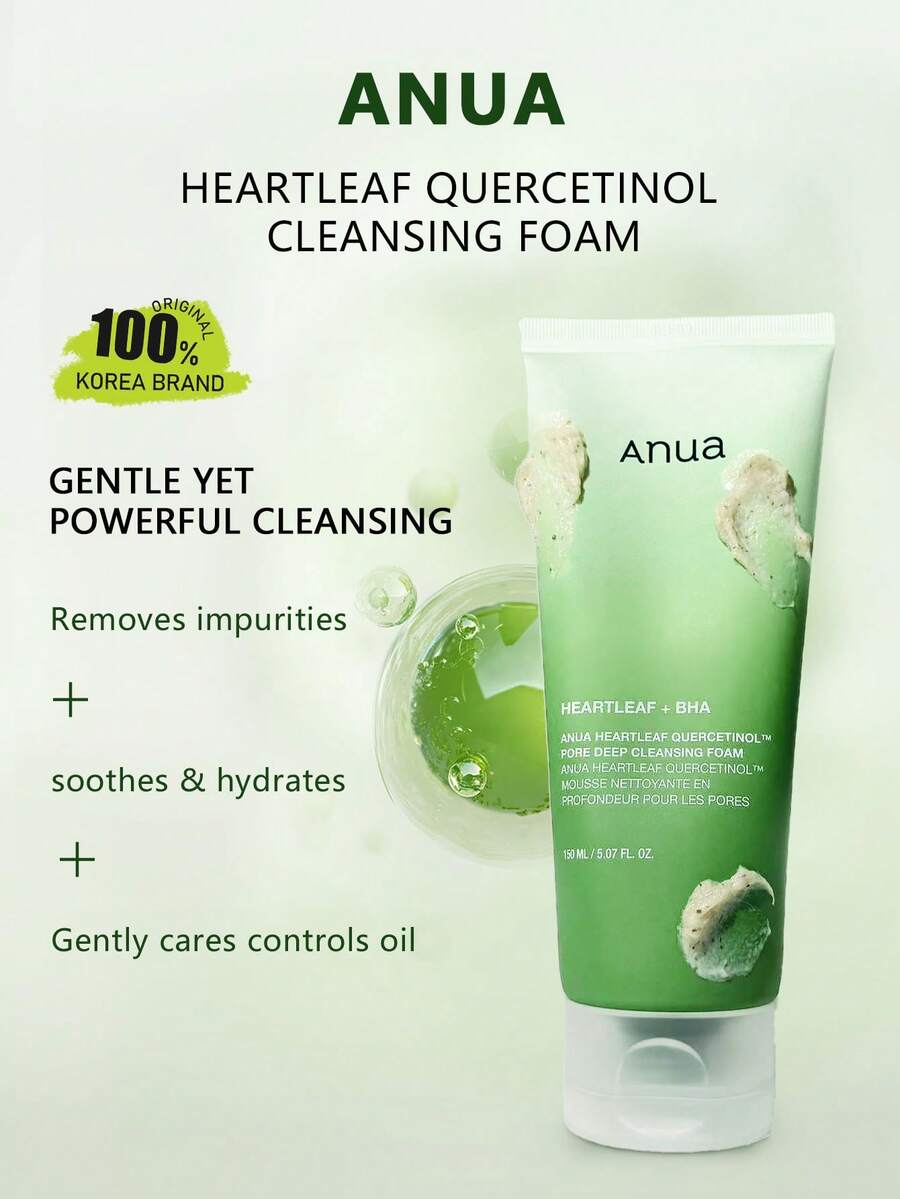 Anua 150毫升/5.07液体盎司温和洁面泡沫，蕴含常春藤叶提取物，深层清洁去角质，保湿舒缓，控油祛痘，韩国化妆品