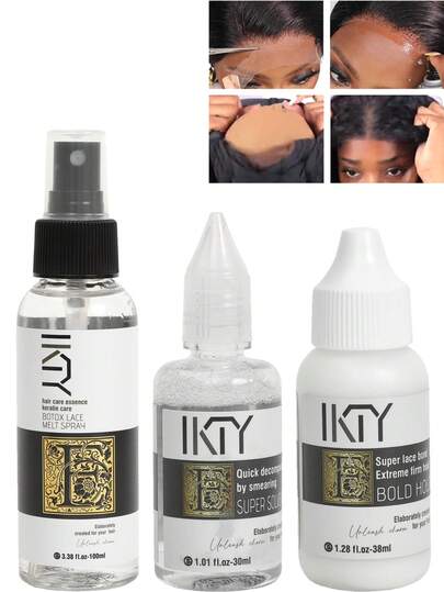 ikt Set de 3 piezas de Spray adhesivo de encaje y removedor: Spray derretidor de encaje, adhesivo de encaje y solvente de encaje, adecuado para pelucas con encaje frontal, pelucas cerradas, extensiones de cabello y peinado diario de la línea del cabello de la peluca
