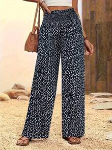 女士优雅长裤，通体波点印花，梭织沙滩面料，带口袋，适合度假、旅行和日常穿着。 - 黑色 - 查看 2