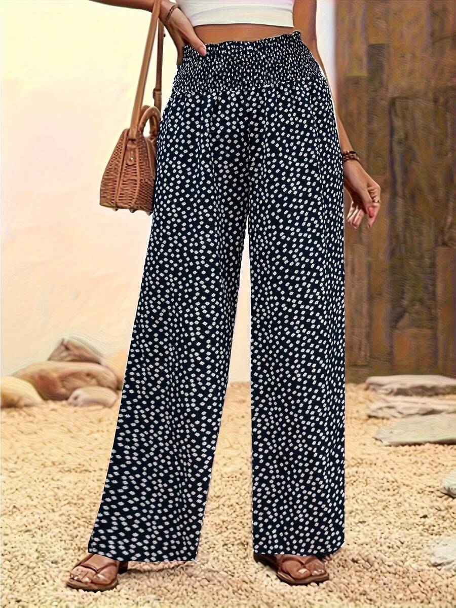女士优雅长裤，通体波点印花，梭织沙滩面料，带口袋，适合度假、旅行和日常穿着。