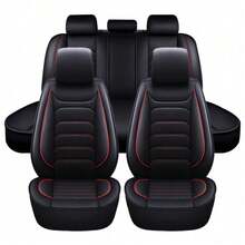For 5 Seat Universal Luxury Faux Leather Waterproof Car Seat Cover Full Set Front Rear Back Cushion 360° Protector Interior Decor For Most Sedan Pickup Trucks Hatchbacks Suv Crossovers - 黑/紅 - 查看 10