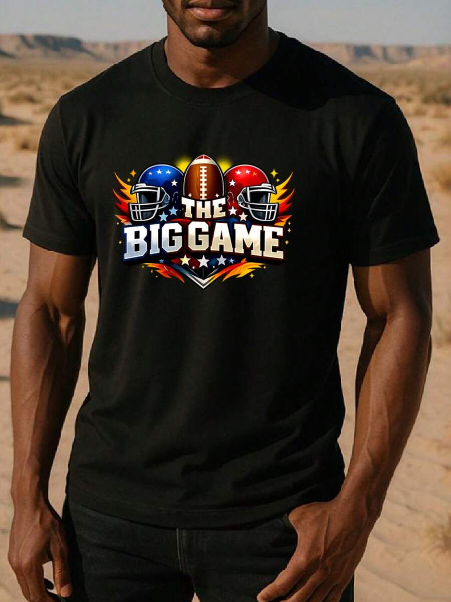 1Pcs, 2026, Flame-Encircled THE BIG GAME, Ignite Passion And Enthusiasm Festival Men's Printed Short Sleeve, Regular Fit Sweat-Absorbing Quick-Dry Sports T-Shirt, Popular Printed Breathable Fabric Top Suitable For Gamers And Themed Parties, Quick-Dry Fabric - New Autumn/Winter Collection: Unisex Relaxed Fit Long-Sleeve Crew Neck Sweatshirt,Vacation Outfits,Summer,Shirts,White Shirt,Graphic Tees ,Summer Tops,Black Top,Going Out Tops - 黑色 - 查看 1