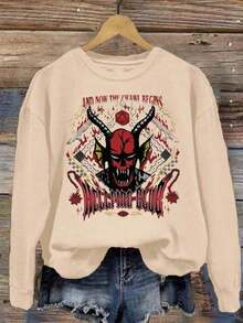 2026 Valentine Outfits For Women2026 Long Sleeve Tops WomenWinter Clothes Women's Fun Printed Street Retro, Simple Hellfire Club Print, Hip Hop Korean Style Comfortable Commuting Versatile Women's Clothing, Regular Niche Fashion Women's Y2K Clothing Punk Rock Hellfire Club Pattern, Women's Loose Round Neck Sweatshirt Loose And Comfortable Sweatshirt Long Sleeve TopsLoose And Comfortablesudaderas Para Mujer Parke SweatshirtLoose And Comfortablevalentine's Day - 杏色 - 查看 1