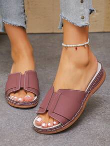 Plus Size Women's Summer New Fashion Casual Premium Burgundy PU Round Toe Wedge Heel Thick Sole Slide Sandals, Comfortable Slip-On Beach Slippers, Suitable For Daily Wear - Premium Wine Red PU - View 2