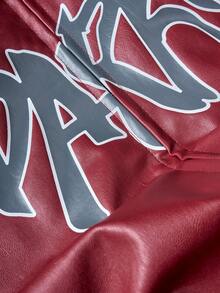 Men's Faux Leather Logo Print Zip-Up Jacket, Streetwear Motorcycle Style Outerwear - Red - View 3