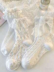 3双随机白色蕾丝荷叶边公主袜，女士款，高品质 - 彩色 - 查看 1