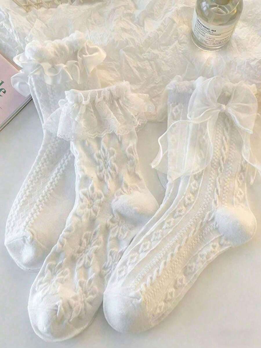 3双随机白色蕾丝荷叶边公主袜，女士款，高品质 - 彩色 - 查看 1