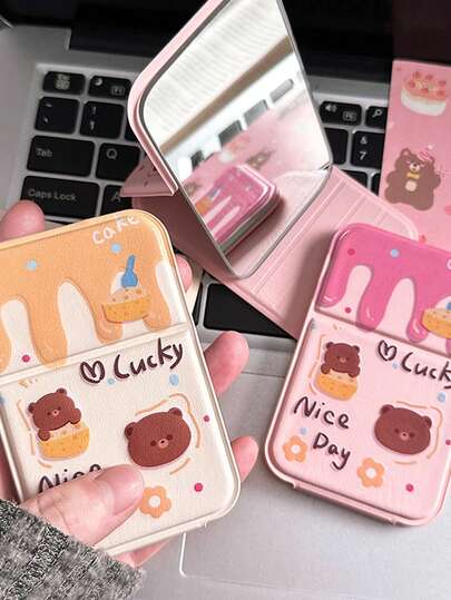 2 piezas Espejo de maquillaje plegable con diseño de oso de queso, compacto y portátil, esencial para mujeres para viajes y campamentos, a precio asequible, adecuado para decoración de habitaciones, tocador, viajes, dormitorio, accesorio de cosmética, espejo, espejo de maquillaje, mini espejo, espejo de mano, espejo pequeño, una opción ideal para regalo de Navidad, cosméticos, herramientas de maquillaje, oferta especial, regalo, regalo para mujeres, regalo de vacaciones, sorteos, viajes, cosas baratas, artículo de viaje esencial