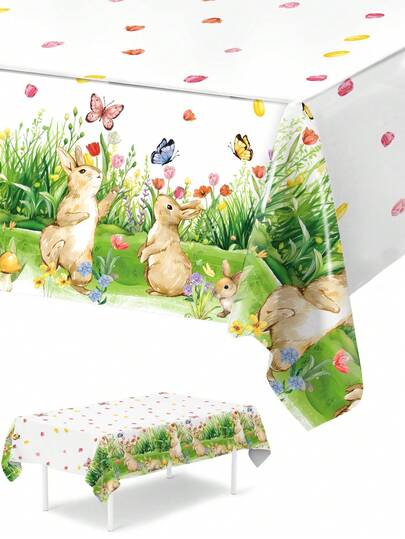 1件装复活节快乐桌布，复活节兔子花朵桌布，复活节派对用品，复活节装饰，复活节餐桌装饰，复活节兔子桌旗，复活节彩蛋，复活节餐饮活动装饰桌布，复活节农舍装饰，复活节房间装饰，复活节家居装饰，复活节室内/室外装饰桌旗，复活节野餐一次性桌布，春夏装饰，复活节礼物，派对礼品
