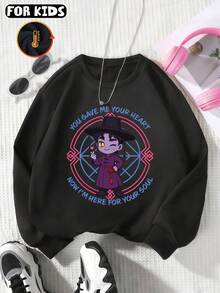 Background With Logo And Chibi-Style Qin Yu Pattern Print From Devil Boy Band. Curve Oversized Casual Sweatshirt, Versatile For Autumn/Winter, Thick Fabric, Warm Fleece Lining, Crew Neck, Loose-Fitting Casual Sweatshirt, Versatile Outerwear, Urban/Preppy Style, Long Sleeves, Suitable For Cold Weather, Cotton Blend, Fleece Lining, Comfortable, Long Sleeves, For Kids. - màu đen - Xem 1