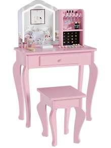 Tocador Infantil con Espejo Iluminado, Mesa y Silla para Niñas, Set de Maquillaje en Color Rosa - Rosa - Ver 4