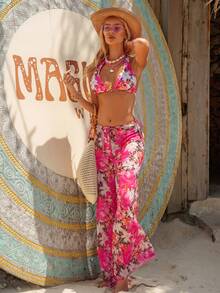 2pcs/Set Floral & Leopard Print Ruffled Bikini Top And Drawstring Beach Shorts, Pink, Summer Beach Holiday - Multicolor - View 6