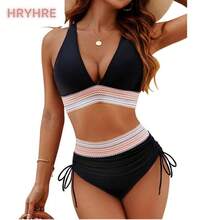 Women High Waisted Bikini Sets Tummy Control Swimsuits Color Block Two Piece Drawstring Bathing Suit Outdoorfun - Black - View 1