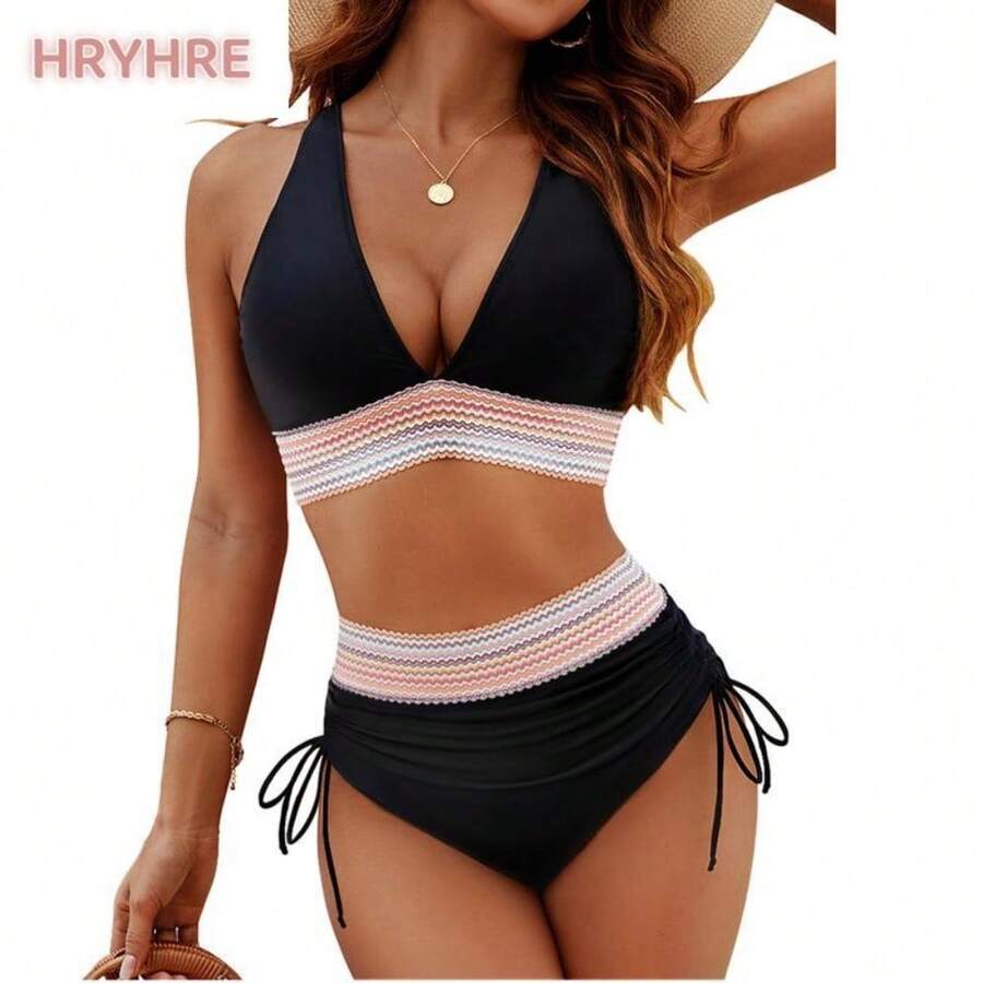 Women High Waisted Bikini Sets Tummy Control Swimsuits Color Block Two Piece Drawstring Bathing Suit Outdoorfun - Black - View 1
