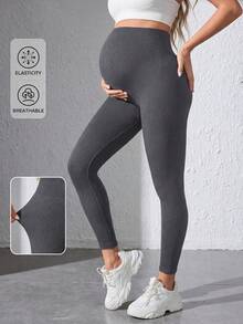 Maternity Solid Color High Waist Ribbed Skinny Casual Pants Spring - Dark Grey - View 4