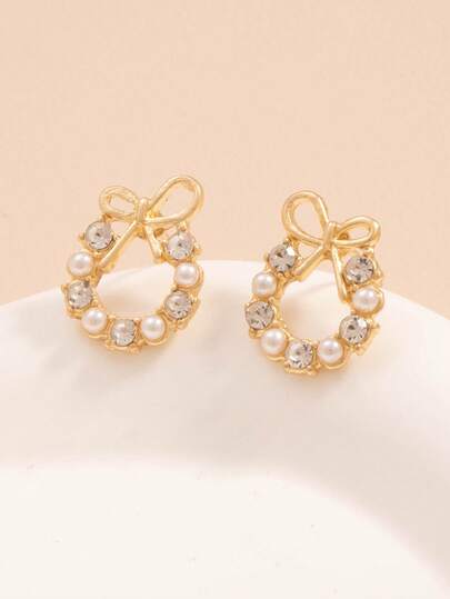 1 Pair French Style Elegant Women Pearl Bow Rhinestone Earrings