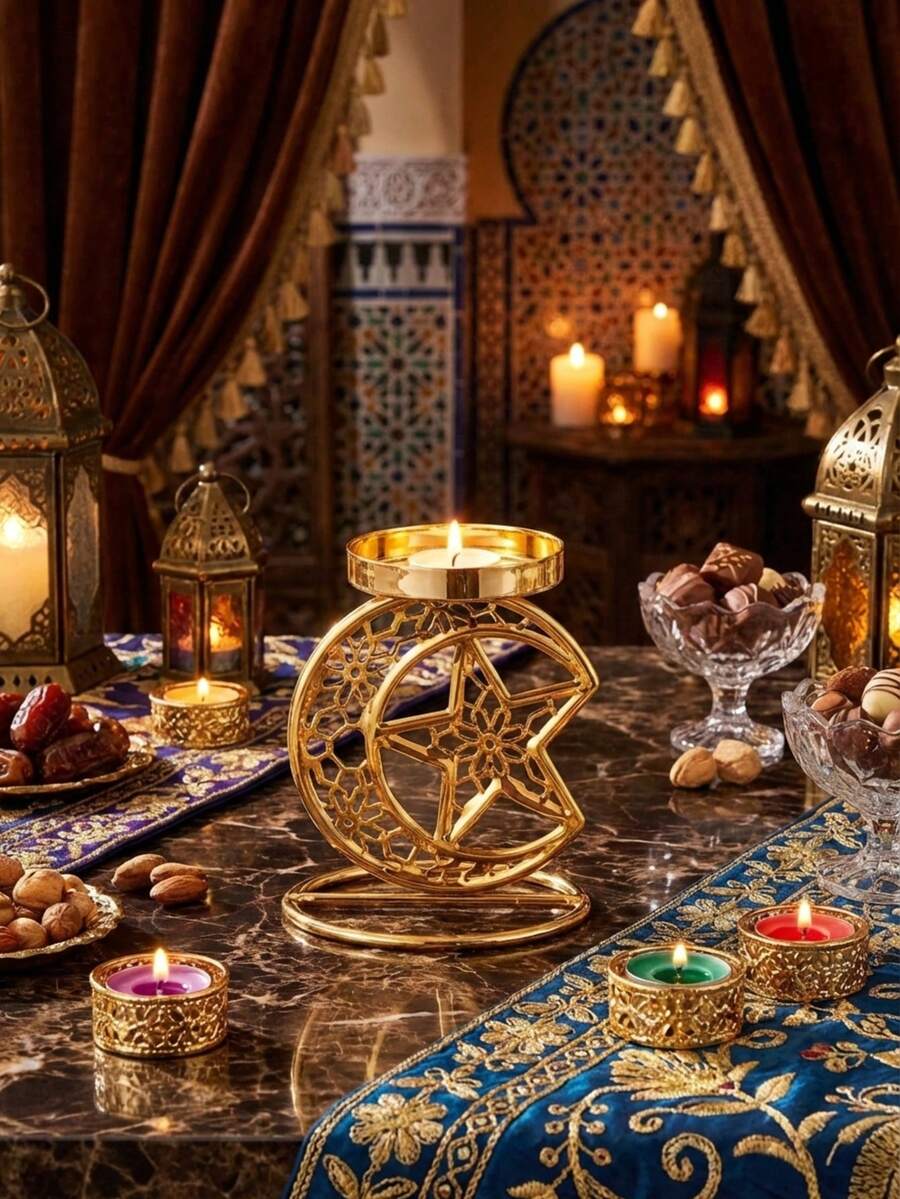 1Pc/Set Star And Moon-Themed Candle Holder. Made Of Bright Gold Metal Wire, It Is Crafted Into A Mesh Hollow Design. The Style Is Minimalist. Suitable For Decorating The Living Room Table Or Bedroom Vanity In A Light Luxury Retro Home, Creating An Atmosphere For Romantic Dinners Or Casual Tea Rooms; It Is Also Suitable For Holiday Decorations And Small Gatherings Featuring Star And Moon Cultural Symbols, Such As Eid. - Multicolor - View 1