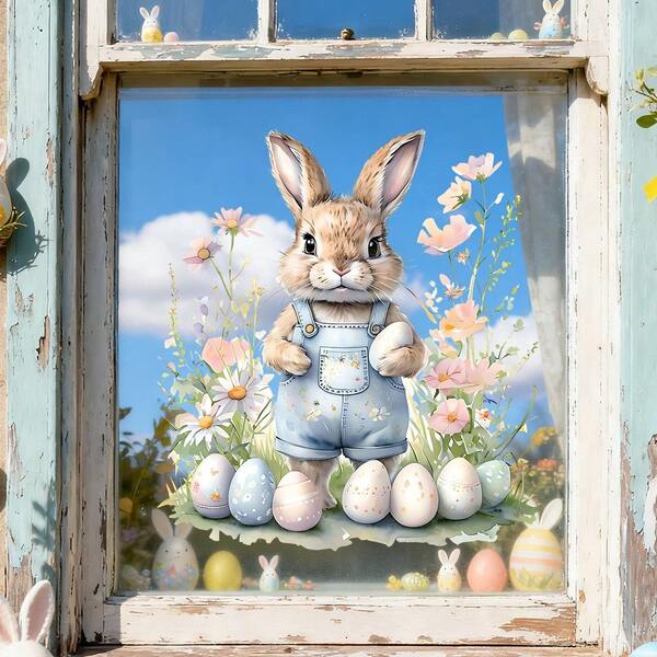 1 pieza Calcomanía de ventana estática de Pascua con diseño de conejito feliz, flores, huevos y corazones. Decoración de vidrio con efecto electrostático, sin pegamento, removible, impermeable y de PVC de doble cara para decoración del hogar, sala de estar, cocina, tienda, ventana, primavera y fiestas para adultos.